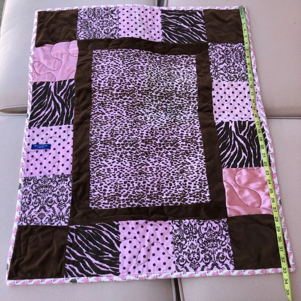 Lot Of 1 Baby Girl Pink Brown Green Cotton Quilt and 1 Soft Blanket Patchwork